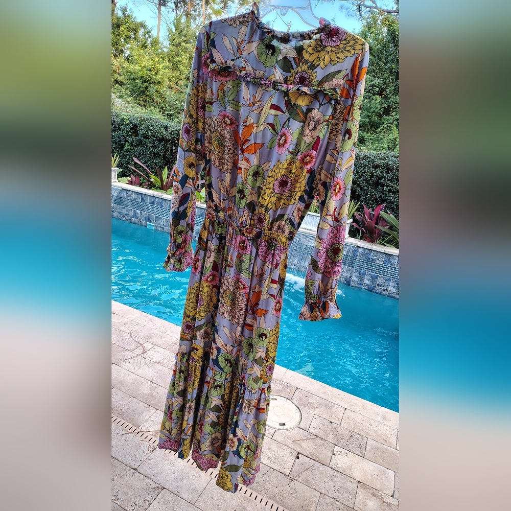 Boho-chic Floral Ruffle Long Sleeve Split-neck Maxi Dress Women's Size M NWOT - Picture 4 of 7
